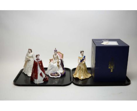 A collection of Royal Worcester figures of the Queen, comprising: H.M. Queen Elizabeth II Diamond Jubilee 2012 figure, with b