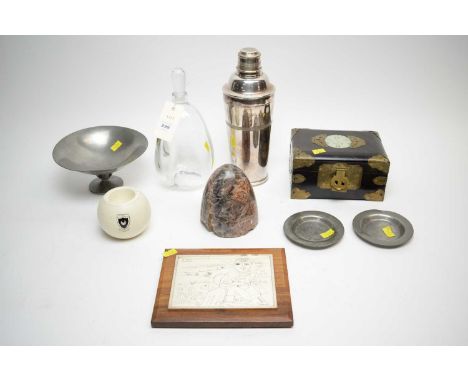 A selection of collectibles, including: Chinese brass bound ebonised wood jewellery box, the hinged lid with inset carved and