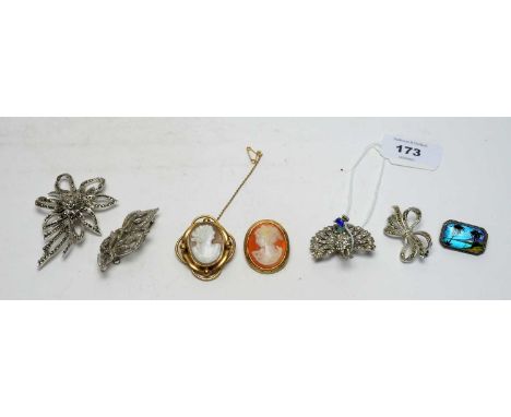 A paste set enamel peacock pattern costume brooch; together with other brooches. 