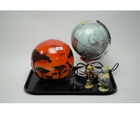 A Touchlamp Globe designs table globe, wired for electricity, 31cms high; a cameo glass style spherical night light, with sil