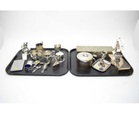 A selection of silver and electroplate, comprising: a silver table cigarette box, an electroplate candlestick, a circular sec