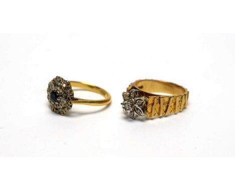 A sapphire and diamond ring, in floral cluster design, on 18ct gold shank, ring size L, 3.6g gross; and a diamond floral clus