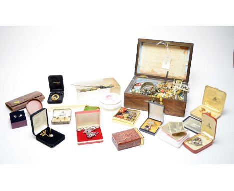 A Victorian abalone inlaid box containing a selection of vintage costume jewellery; including necklaces and brooches, togethe