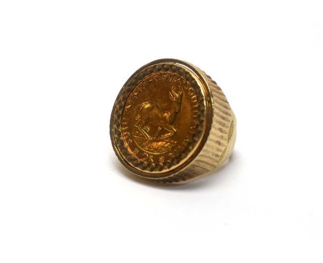 A South Africa gold 2 rand coin, 1972, in 9ct gold mount and shank, ring size O, 13.5g gross.