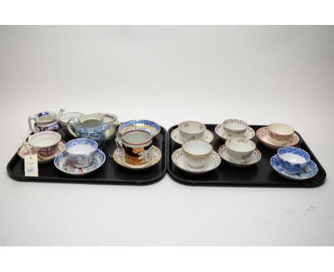 A selection of tea bowls, cups, saucers and other items, most 19th Century, various makers and designs, including New Hall.