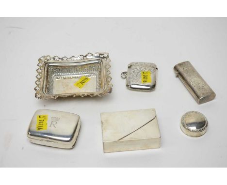 A selection of silver items, including: a bonbon dish; a matchbox case; a vesta case; a toothpick box; another vesta case wit