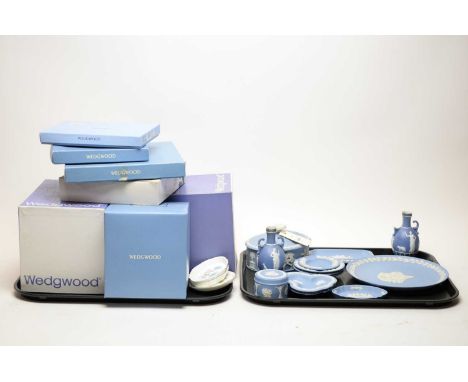 A collection of vintage 20th Century Wedgwood Jasperware ceramic china, comprising: trinket pots, plates, dishes and more, so
