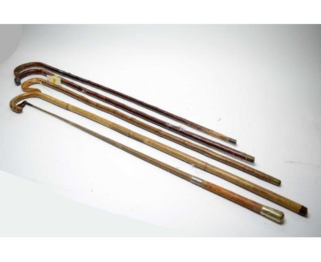 A selection of early 20th Century walking sticks, including: silver topped walking stick with silver collar, 92cms high; walk