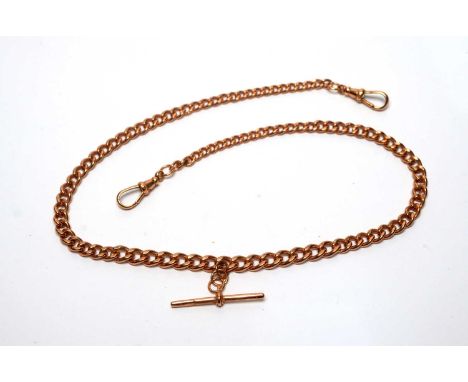 A 9ct rose gold Albert watch chain, of curb links with clasps and T-bar, 46cms long, 34.6g.
