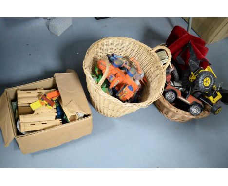 A selection of model vehicles, together with various toys, including: digger; tractor; tanks; action figures; and others, con