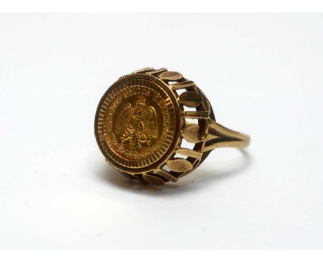 Mexican gold 2 pesos coin, 1945, in 9ct yellow gold mount and shank, ring size Q, 6.1g gross.