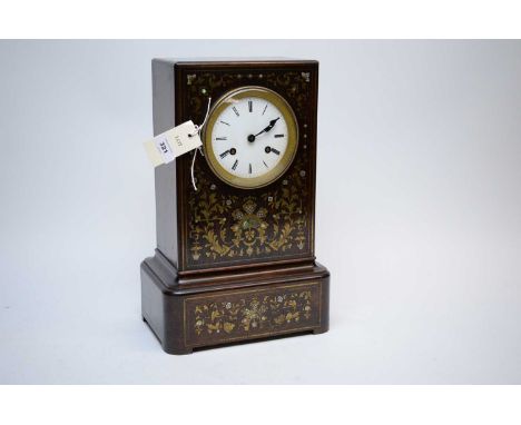 A 19th Century rosewood mantle clock, with white enamel Roman dial, within case inlaid with scrolling foliate brass, mother o