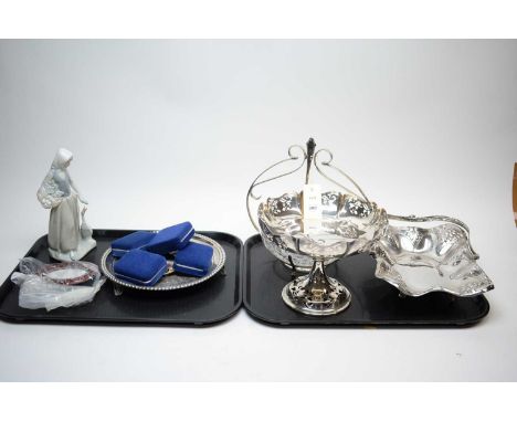 A selection of silver plated and other decorative wares, including: cut glass punch bowl with silver plated stand and ladle; 