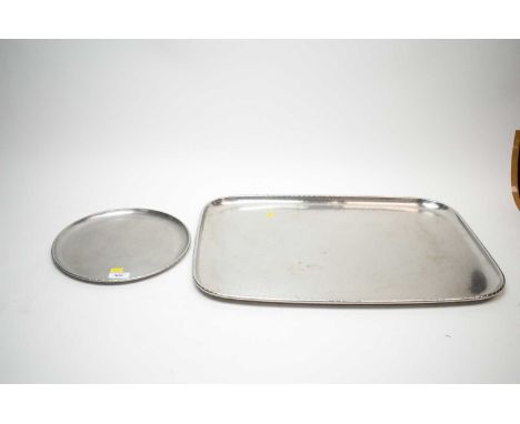 Two mid-Century Keswick School First Staybrite pewter trays, comprising: pewter tea tray, of rounded rectangular form, with r