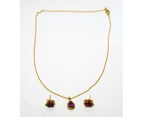 An amethyst and diamond pendant and matching earrings, each set with pear-cut amethyst and three diamonds, in 18ct yellow gol