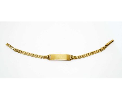 A 9ct yellow gold identity bracelet, unengraved, on gate link strap, 19cms long, 11.7g gross.