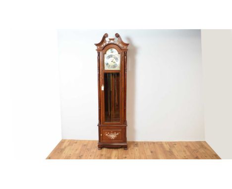 Moathe: a 20th Century longcase grandfather/longcase clock, the scrolled pediment over a brass and silvered metal clockface w