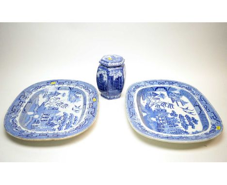 A near pair of Victorian blue and white meat or serving plates, each of rounded rectangular form, one with impressed Maling m