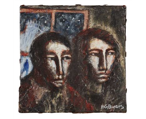 § HUGH BYARS (SCOTTISH B.1957) UNTITLED (DOUBLE PORTRAIT) Signed, oil on canvas, unframed (Dimensions: 21cm x 20cm (8.25in x 