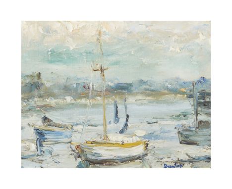 § RONALD OSSORY DUNLOP R.A. (IRISH 1894-1973) BOATS AT REST Signed, oil on canvas (Dimensions: 34cm x 44cm (13.5in x 17.25in)