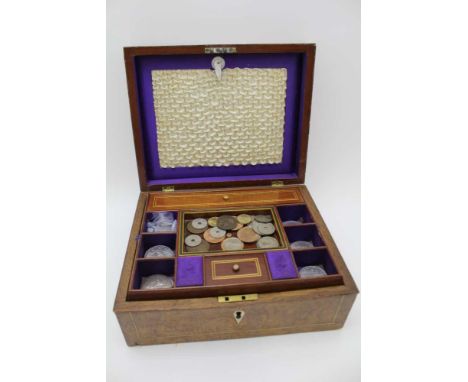 A LATE 19TH CENTURY BURR TIMBER VENEERED TRAVELLING BOX, brass inlaid with ring drop side handles, the hinged lid reveals a f