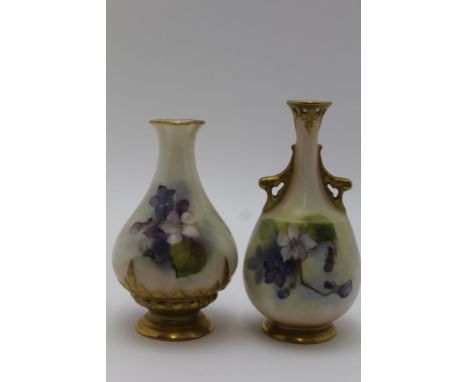 TWO ROYAL WORCESTER BONE CHINA VASES, both hand painted with violet design, one of teardrop form with gilded neck / shoulder 