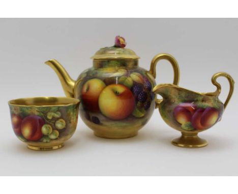 A ROYAL WORCESTER CHINA HAND PAINTED TEAPOT, SUGAR BOWL & MILK JUG, fruit decoration, the teapot lid has a floral knop, the t