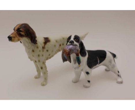 A GOEBEL POTTERY BROWN &amp; WHITE IRISH SETTER DOG, factory marked, 16cm high, together with a bone china sporting dog with 