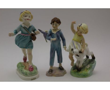 THREE ROYAL WORCESTER BONE CHINA FIGURES, 'Parakeet' modelled by F.G. Doughty, 17cm high, 'Thursday's Child has Far to Go', N