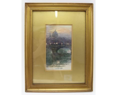 BRITISH SCHOOL 'ST. Paul's Cathedral, seen from the far side of the Thames', watercolour painting, monogrammed, 15cm x 8.5cm,