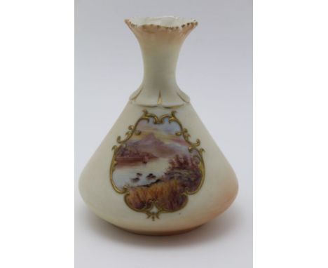 A LOCKE &amp; CO. WORCESTER PORCELAIN VASE, of tapering form, bearing within a gilded reserve a hand painted river and mounta