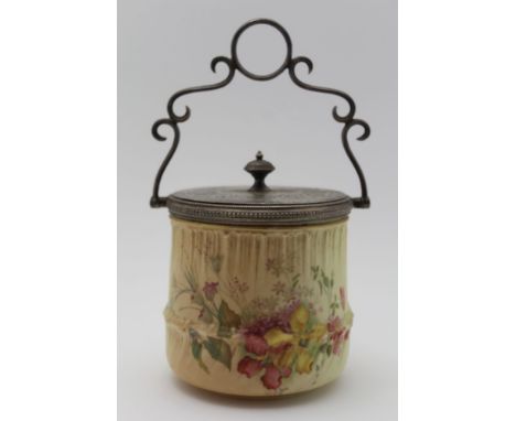 A ROYAL WORCESTER PORCELAIN BISCUIT BARREL, blush ivory ground, hand painted floral decoration printed factory mark to base, 