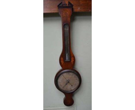 A 19TH CENTURY MAHOGANY CASED WHEEL BAROMETER WITH THERMOMETER, shell inlaid patera, the circular dial inscribed 'Broggi Chel
