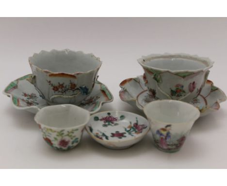 A COLLECTION OF ORIENTAL PORCELAIN WARES, to include lotus saucers with bowls, polychrome floral painted, together with a sma