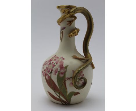 A ROYAL WORCESTER VICTORIAN PORCELAIN EWER JUG. Gilded modelled salamander handle, ivory ground floral and blossom painted. P