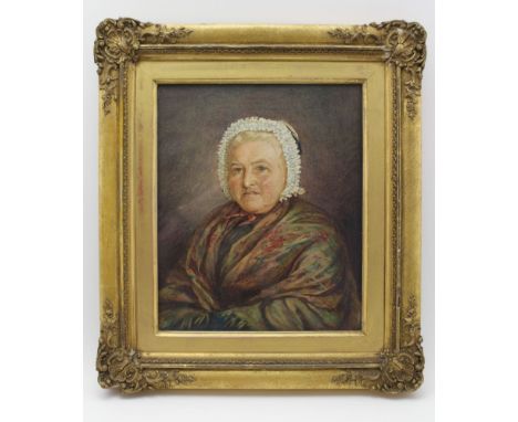 19TH CENTURY BRITISH SCHOOL 'Lady wearing a shawl', watercolour painting, monogrammed, 30cm x 25cm, in ornate gilt frame 