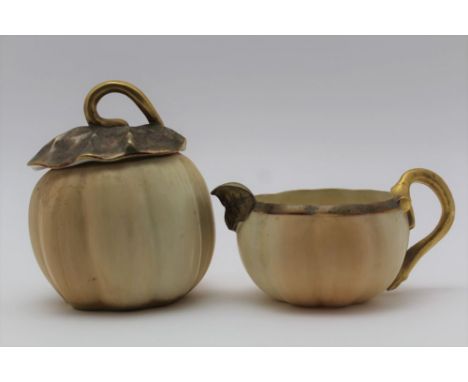 A ROYAL WORCESTER PORCELAIN FRUIT FORM MILK JUG &amp; COVERED SUGAR BOWL, the lobed blush ivory ground of ivory fluted form, 