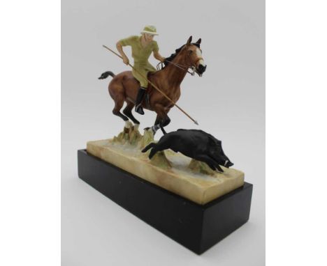 A ROYAL WORCESTER PORCELAIN FIGURE GROUP, 'Hog hunting', modelled by Doris Lindner, black factory marks to base, No. 3164, ra