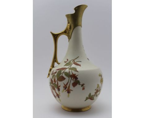 A ROYAL WORCESTER VICTORIAN PORCELAIN EWER JUG, ivory gilded with blossom, flower, and leaf decoration, moulded gilded handle