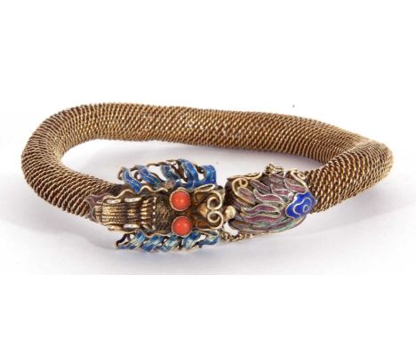 Vintage meshwork bracelet with a dragon detail clasp, the head and tail highlighted with coloured enamel detail and beaded ey