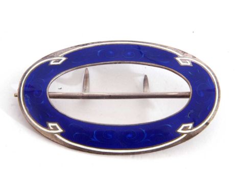 Hallmarked silver and enamel oval buckle, the royal blue guilloche enamel highlighted with white enamel border (enamel losses