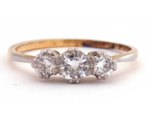 Three stone diamond ring featuring three round graduated brilliant cut diamonds, 0.30ct total approx, size M/N