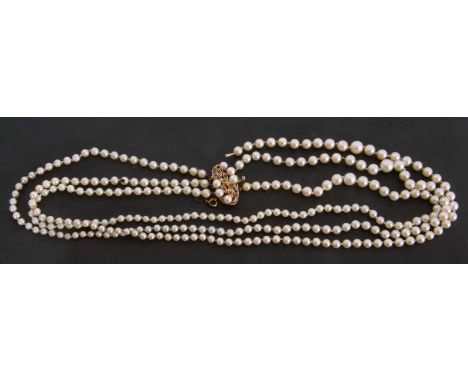 Cultured pearl necklace, a triple choker style row of graduated pearls (broken), to a 9ct sapphire and pearl clasp