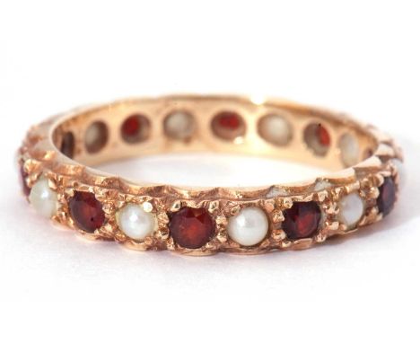 9ct gold seed pearl and garnet full eternity ring, alternate set with small seed pearls and round cut faceted garnets, size O