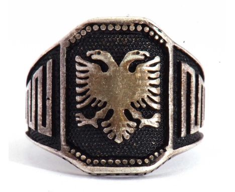 White metal and black enamel double eagle head ring, stamped 925, size S