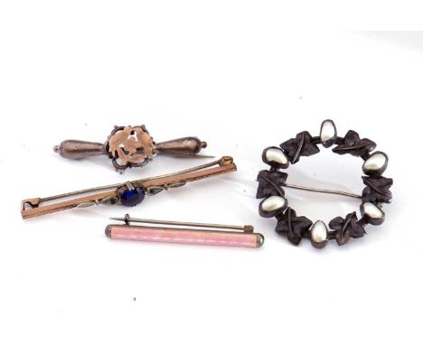 Marius Hammer, Norway pink guilloche enamel bar brooch, marked sterling and 930S, 40mm long, an unmarked white garland brooch