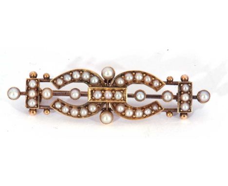 Early 20th century seed pearl brooch, a double horseshoe design decorated throughout with seed pearls (unmarked), 45mm long