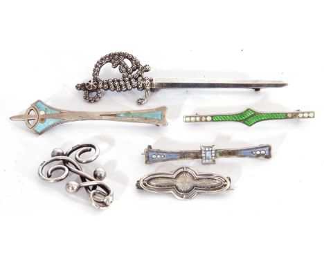 Six Chester hallmarked silver brooches, each marked C.H. for Charles Horner to include three enamel examples, (one a/f), (6)