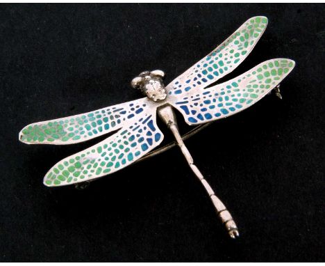 Scottish silver and enamel dragonfly brooch, the outstretched wings with blue and green enamel detail, Edinburgh 1937, 45 x 3