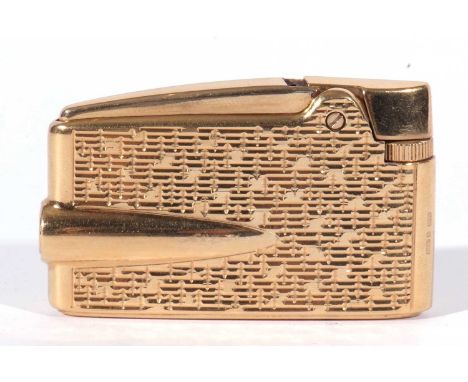 9ct gold cased Ronson pocket lighter circa 1970, with a textured finish, stamped R.P. Ltd and 9.375 to side (a/f). no box and